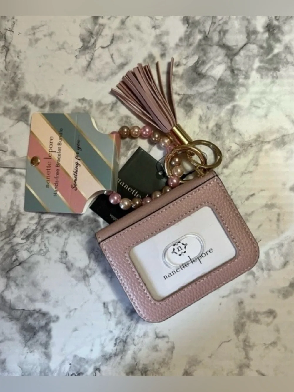 Nanette Lepore Blush Pink Tassel Wristlet Card Holder with Pearl Bracelet